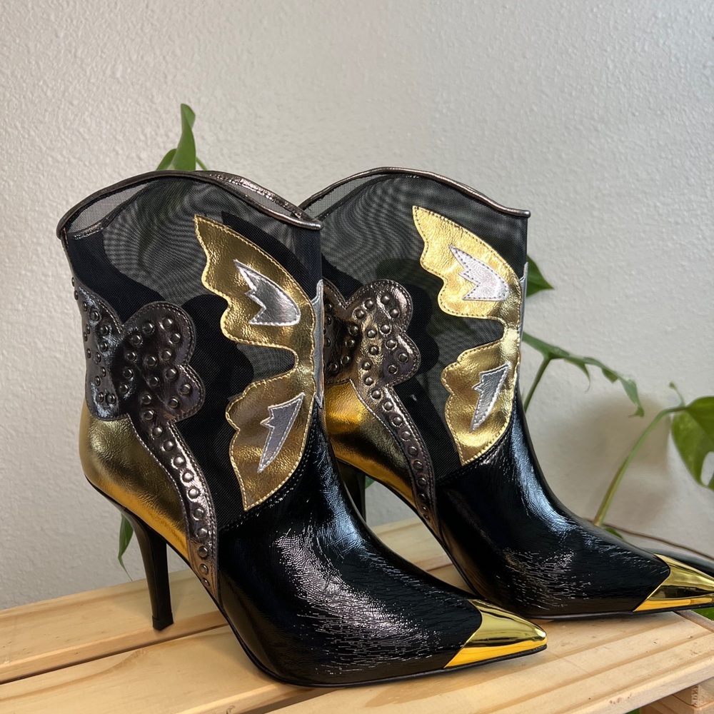 NWT | Jeffrey Campbell Nevertheless Western Ankle Boot | Black, Gold, Silver